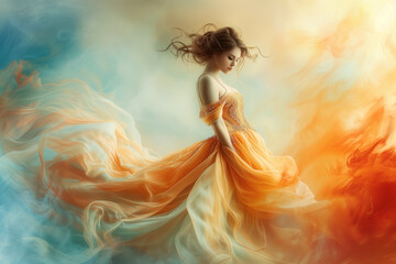 Dreamy woman in orange dress