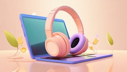 Fone de ouvido rosa em cima de um notebook (laptop) - obrazy, fototapety, plakaty