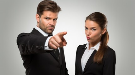 Woman pouting, and next to her a man pointing at someone in a serious manner
