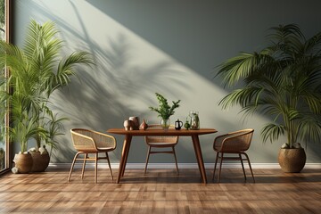 stylist and royal Dining room wall mock up with Areca palm, rattan dining set, wooden table on wooden floor