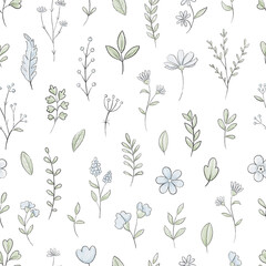 Seamless pattern with varied simple small flowers, plants and leaves isolated on white background. Watercolor hand drawn illustration
