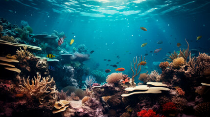 Obraz na płótnie Canvas This photograph immerses us in the captivating underwater world of a picturesque coral reef, teeming with diverse fish species