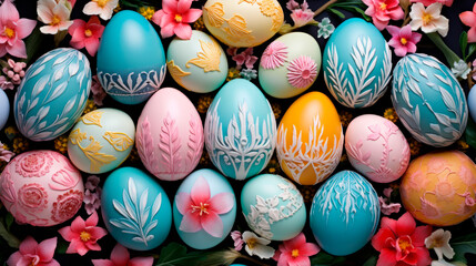 Fototapeta na wymiar A bright stack of colorful eggs stacked one on top of the other. Creates a colorful image illustrating the Easter tradition and the variety of decorated eggs