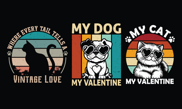 Pet t shirt design bundle, retro vintage valentines pet vector illustration
