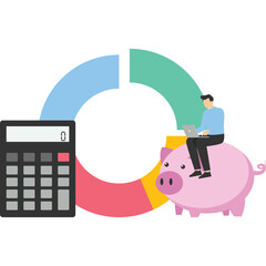 budget or savings concept, debt and investment analysis, Cost structure, expense and income balance calculation, income, money management, a businessman with calculator with a pie chart of the cost st