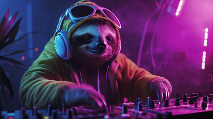 Neon Glow Party Sloth DJ Mixing Tracks in a Club Setting