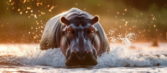 Fototapeta na wymiar A lone hippopotamus beneath the water's surface.