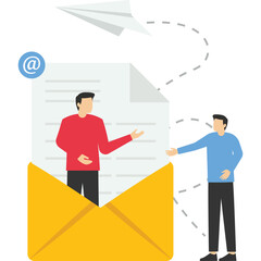 email message concept, new incoming sms, big man comes out of the envelope and tells message, mail notification delivery vector, flat vector illustration on white background.