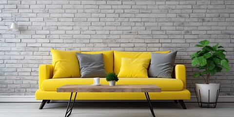 Yellow pillow on grey sofa in living room with white brick wall and plain coffee table.