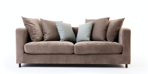 Naklejka premium Contemporary 2-seater gray sofa with pillow, isolated on white background.