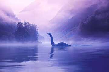 Nessie the Loch Ness Monster in purple foggy mist, Scotland, artist's impression, sea serpent, cryptid - obrazy, fototapety, plakaty