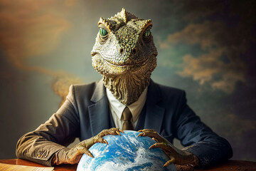 Lizard Person in suit with a model of the Earth, Lizard People conspiracy theory, artist's impression - obrazy, fototapety, plakaty
