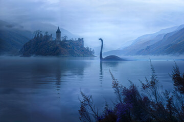 The Loch Ness Monster near a castle, Scotland, artist's impression