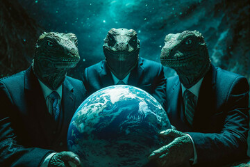 The Lizard People holding the Earth in their claws, conpiracy theory, artist's impression - obrazy, fototapety, plakaty