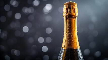 A chilled bottle of sparkling wine with droplets of condensation, highlighting the refreshing and celebratory nature of the drink - obrazy, fototapety, plakaty