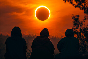 Silhouetted people observe a solar eclipse