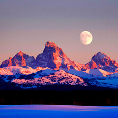 Sunset Light Alpen Glow on Tetons Teton Mountains wtih Moon Rising