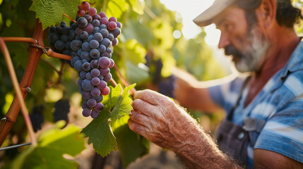 A winemaker inspecting a cluster of ripe grapes in a vineyard, showcasing the dedication and craftsmanship of wine production