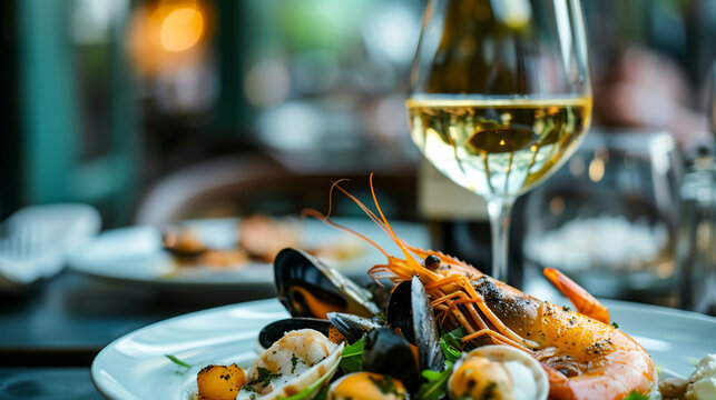 A wine and food pairing scene with a glass of white wine and a plate of seafood, emphasizing culinary harmony