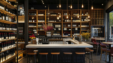 A wine bar with a variety of wine bottles displayed on shelves, portraying a sophisticated and curated selection - obrazy, fototapety, plakaty