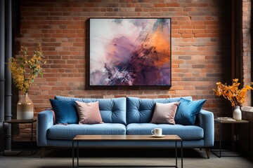 stylist and royal The interior of a modern living room with a dark blue sofa next to a brick wall