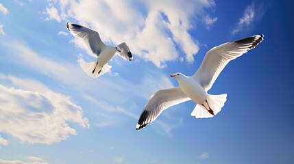 Obraz premium Two seagulls flying in the blue sky.
