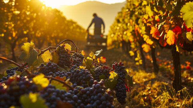 A vineyard worker harvesting grapes in the early morning light, illustrating the labor-intensive process of wine cultivation
