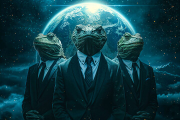 Three Lizard People in suits with the Earth in background, conspiracy theory, artist's impression - obrazy, fototapety, plakaty