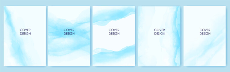 Set of vertical backgrounds. Blue, turquoise watercolor fluid painting vector design.
