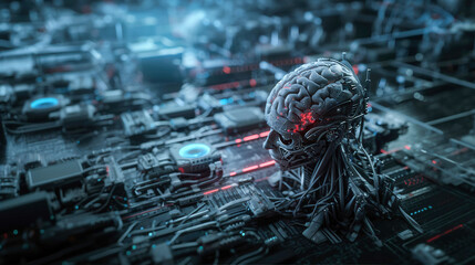 The human brain is the center of technological processing, integrated into a computer system. Brain - Computer Interface