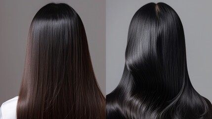 Before and after transformation of Asian hair, showing natural texture vs. smooth, shiny styled hair in close-up.
