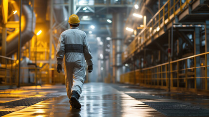 Engineer, worker with safety helmet inspects an industrial factory, walking on stage.