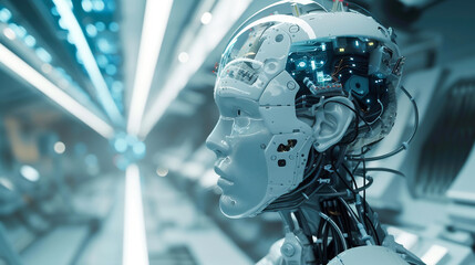 Human android in futuristic sci-fi laboratory. Artificial intelligence