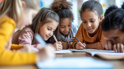 teamwork in education with an image of little students engaged in collaborative notebook writing.