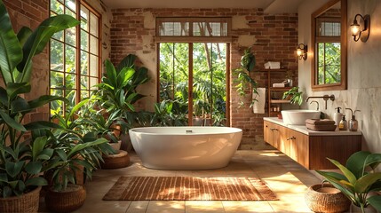 Mediterranean Style Bathroom with Plants and Natural Wood