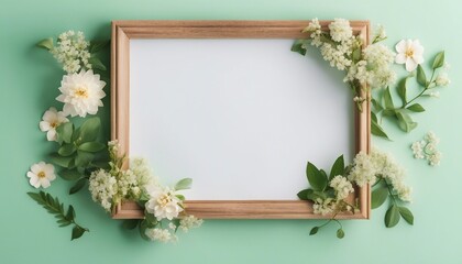 Top View of Light Green Vintage Wood Photo Frame with Flowers on White Background