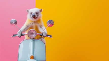 funny cute animals on a scooter. driving animals on a bright colored yellow background. Funny screensavers. leisure. drive. extreme. Funny animals. - obrazy, fototapety, plakaty