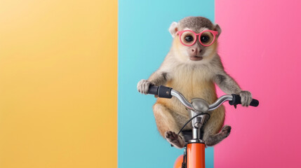 funny cute animals on a scooter. driving animals on a bright colored yellow background. Funny screensavers. leisure. drive. extreme. Funny animals. - obrazy, fototapety, plakaty