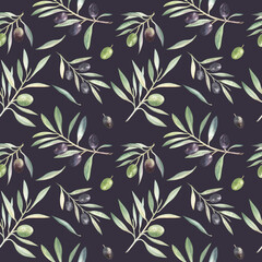 Seamless pattern with the olive branches on a dark background. Elements are painted with watercolors. For fabric, home textile, wallpapers, stationery; perfect for the farmhouse style.