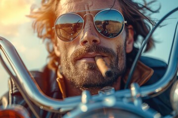 Portrait of a male biker, strength freedom, and individuality on the open road, adventurous spirit and the rebellious allure of the motorcycle, masculinity in motion. - obrazy, fototapety, plakaty