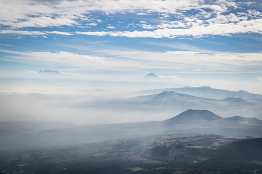view from the popocatepetl and iztaccihuatl volcanoes from el ajusco in mexico city