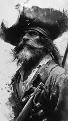 A black and white photo of a man in a pirate hat.