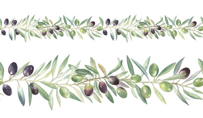 Olive branches seamless border, watercolor illustration. Elegant design for decorative projects - cooking, menu, recipes, cookbooks, greeting cards, invitations, and more - obrazy, fototapety, plakaty