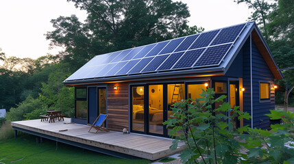 solar panels on a modern tiny house roof top for a sustainable future
