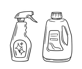 Cleaning tool linear. Pack of detergents for home. Cleanliness and hygiene. Household chores and routine. Social networks sticker. Outline flat vector illustration isolated on white background