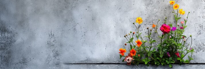 Flowers grow through a concrete wall. Nature protection concept. - obrazy, fototapety, plakaty