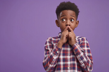 Fototapeta na wymiar Nervous African American school boy and biting nails in studio with oops reaction to gossip on purple background. Mistake, sorry, drama or secret with regret, shame or awkward
