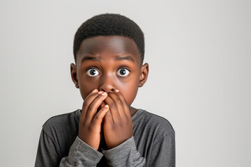Nervous African American school boy and biting nails in studio with oops reaction on white background