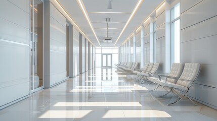 visual of an empty modern hospital corridor with white chairs, setting the scene for patients waiting for a doctor visit.