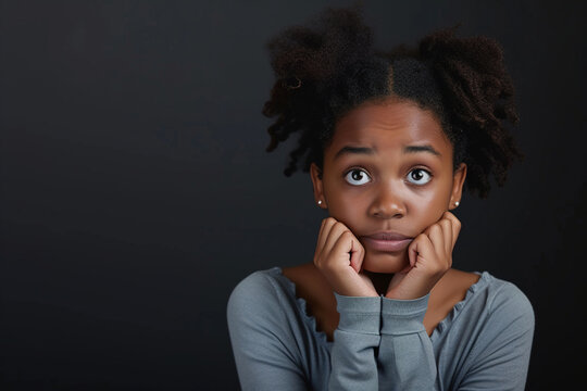 Nervous African American school girl and biting nails in studio with oops reaction to gossip on black background. Mistake, sorry, drama or secret with regret, shame or awkward